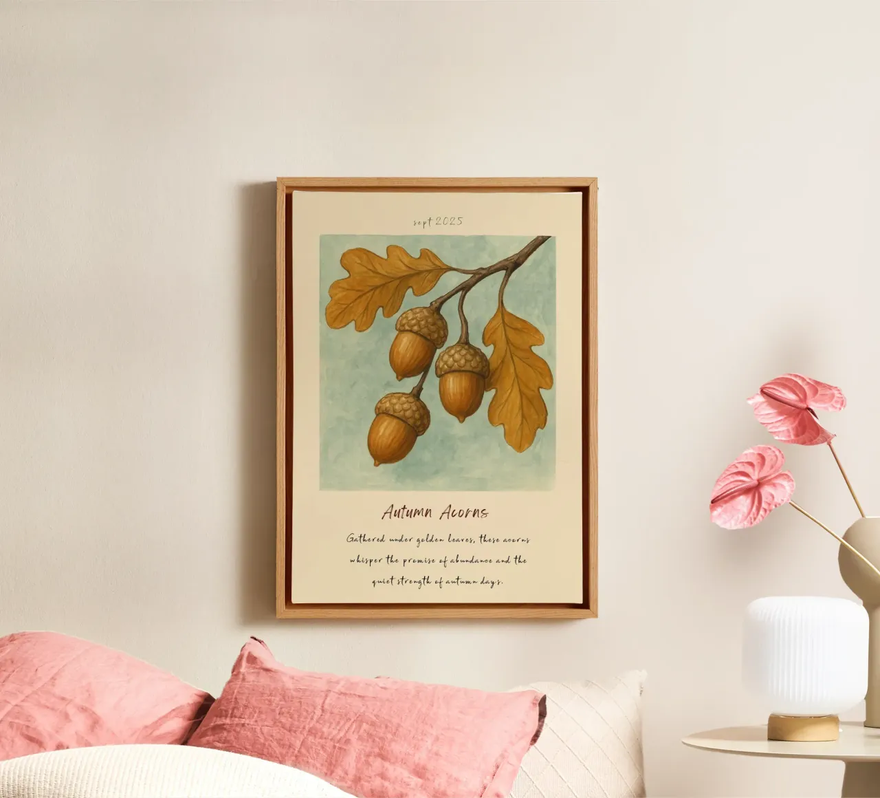 Ghiande d'oro e foglie di quercia Stampa d'arte botanica tela con Cornice a cassetta da vintagepod