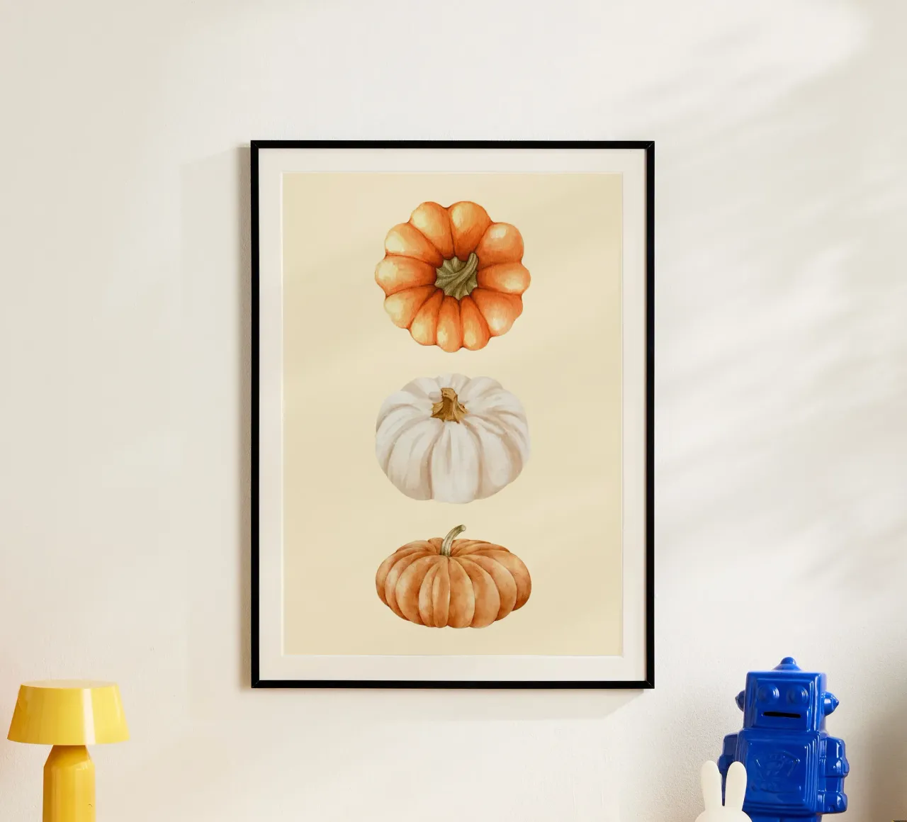 Tre zucche acquerellate - Decorazione autunnale rustica poster con telaio in alluminio da vintagepod