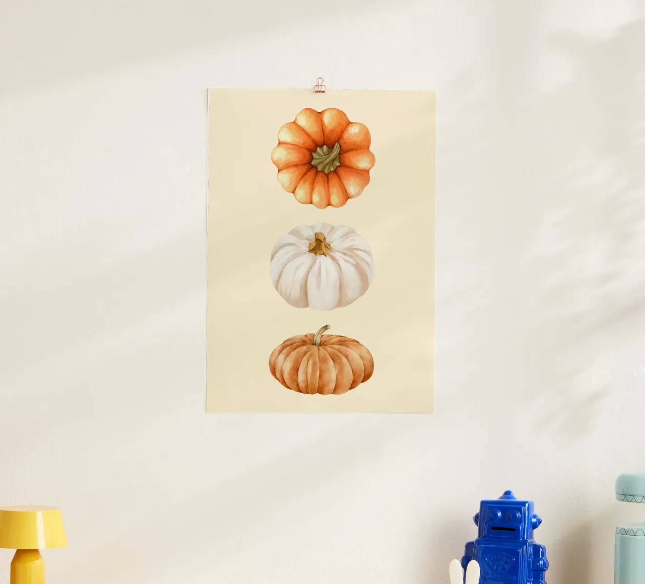 Tre zucche acquerellate - Decorazione autunnale rustica poster con telaio in alluminio da vintagepod