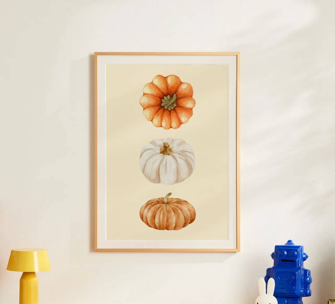 Tre zucche acquerellate - Decorazione autunnale rustica poster con telaio in alluminio da vintagepod