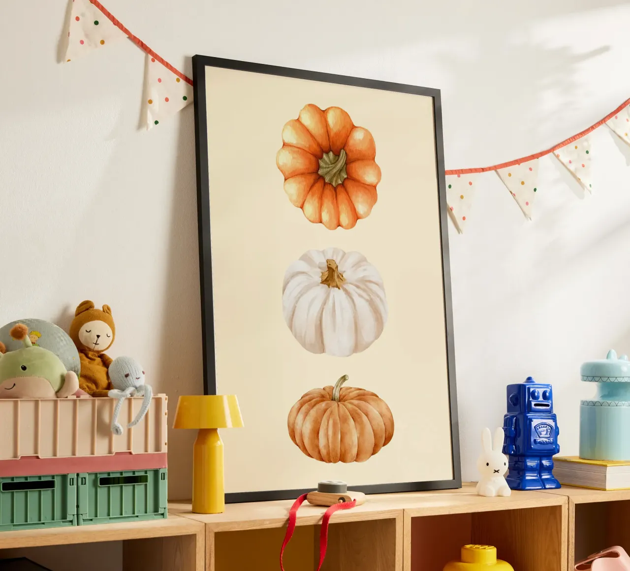 Tre zucche acquerellate - Decorazione autunnale rustica poster con telaio in alluminio da vintagepod