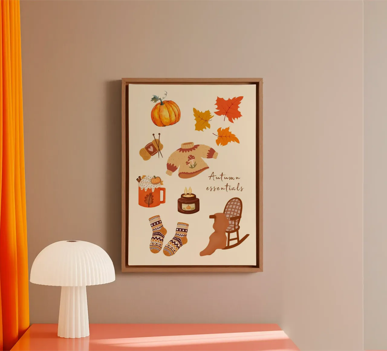 Autumn Essentials - Gemütliche Herbststimmung Illustration Leinwand mit Schattenfugenrahmen von vintagepod