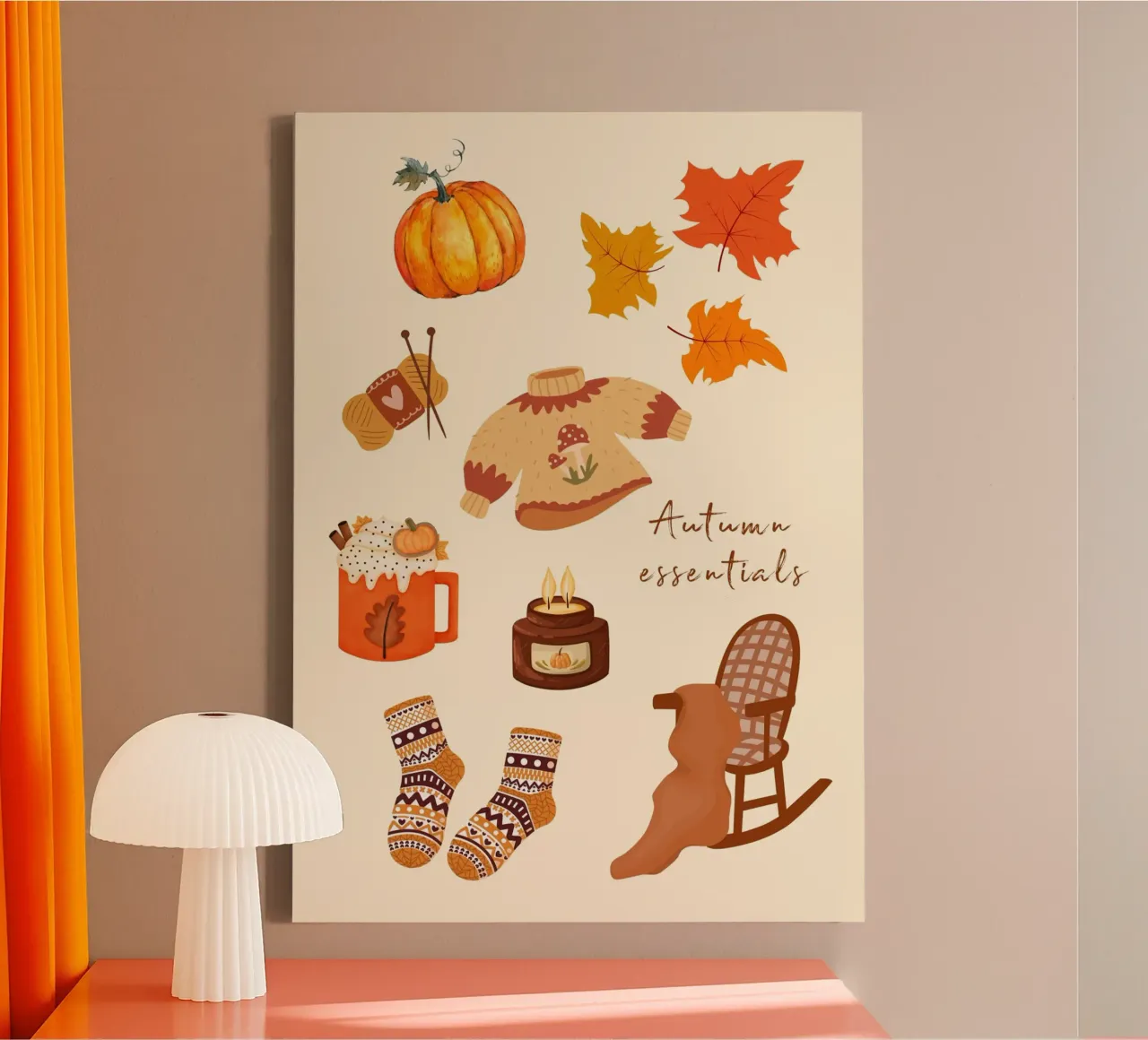 Autumn Essentials - Gemütliche Herbststimmung Illustration Leinwand mit Schattenfugenrahmen von vintagepod