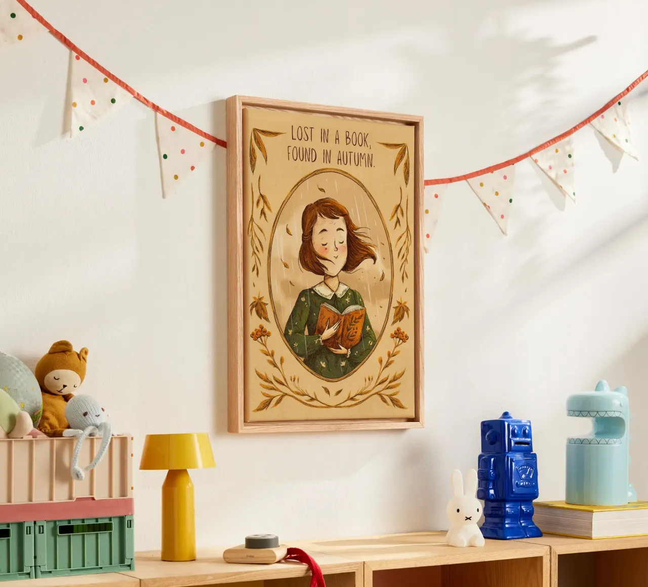 "Verloren in een boek, gevonden in de herfst" - Gezellige kunst canvas met Baklijst van vintagepod