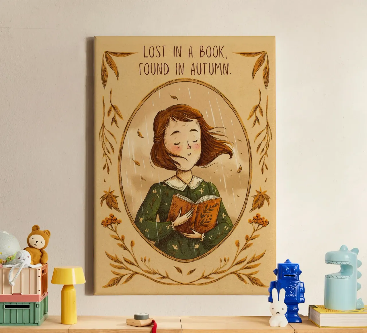 "Verloren in een boek, gevonden in de herfst" - Gezellige kunst canvas met Baklijst van vintagepod