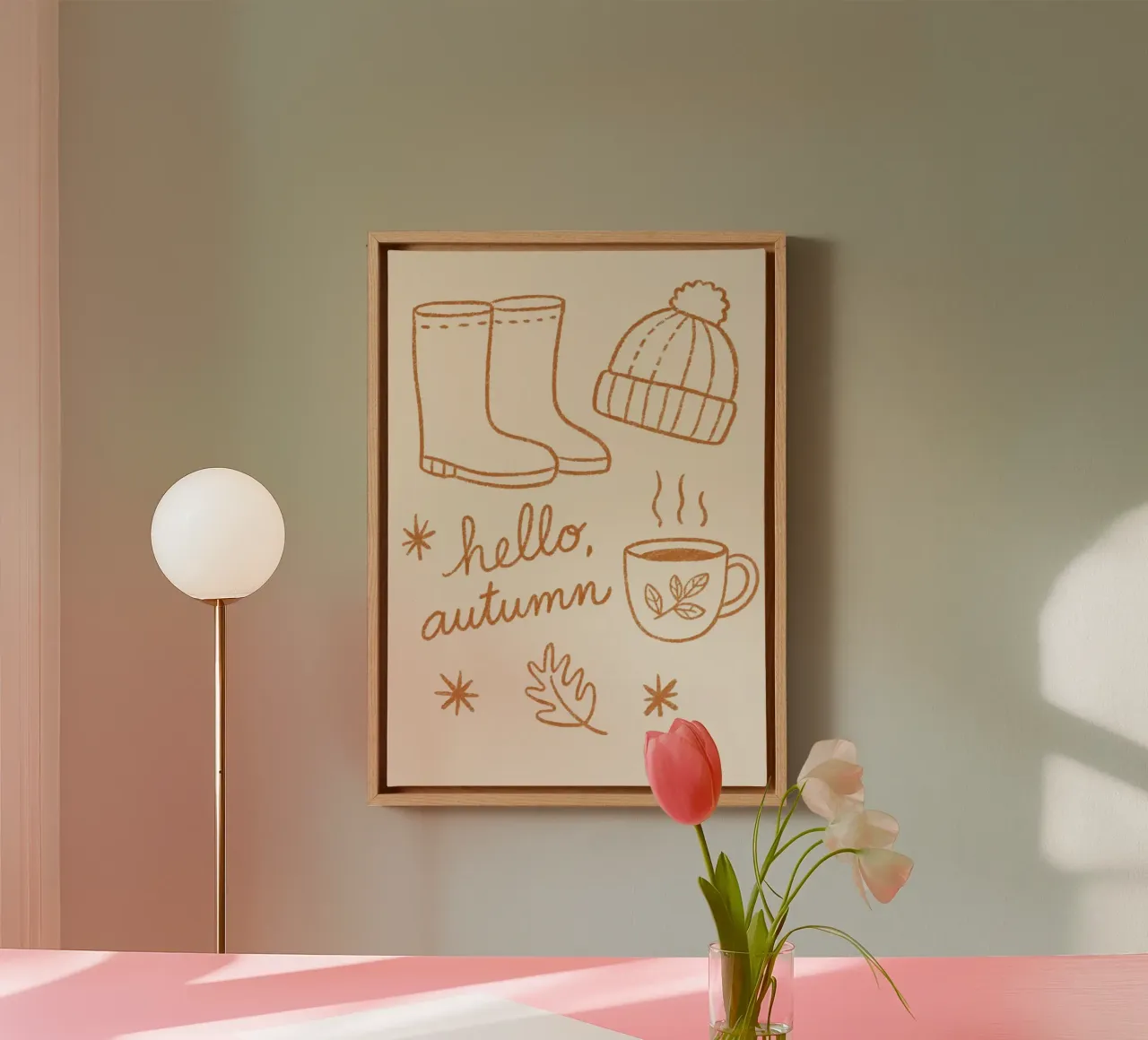 Ciao autunno - Illustrazione di stivali e berretto tela con Cornice a cassetta da vintagepod