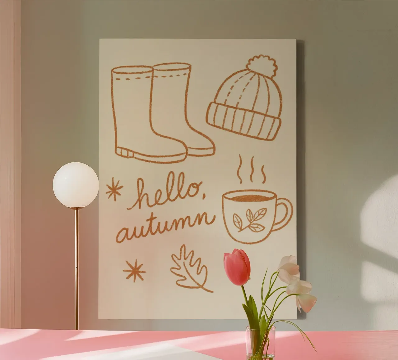 Ciao autunno - Illustrazione di stivali e berretto tela con Cornice a cassetta da vintagepod