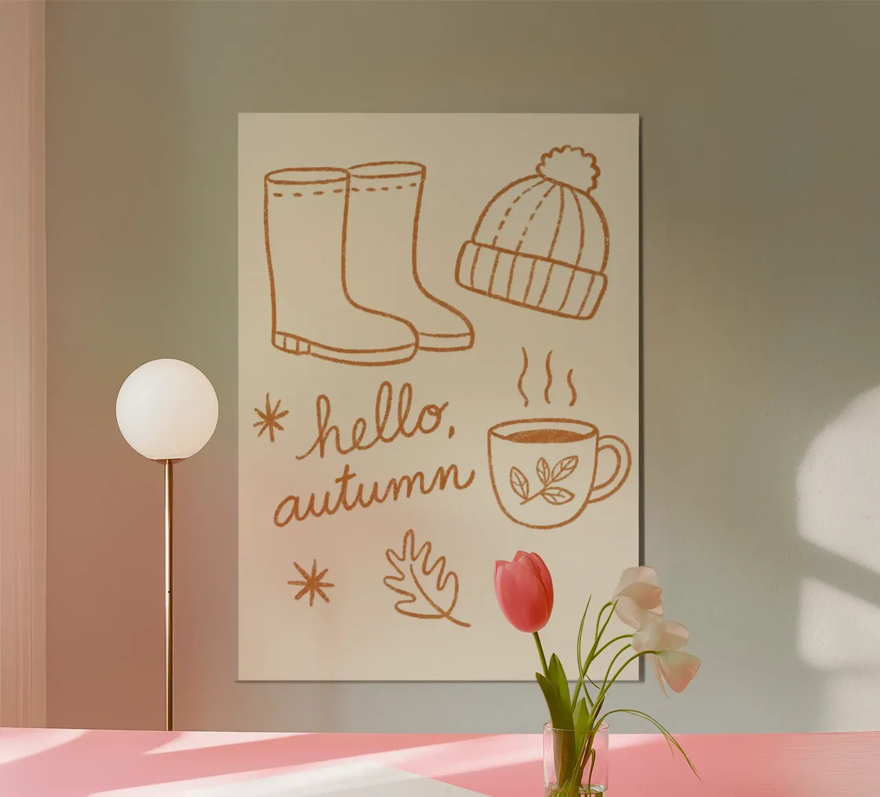 Ciao autunno - Illustrazione di stivali e berretto poster con telaio in plastica da vintagepod
