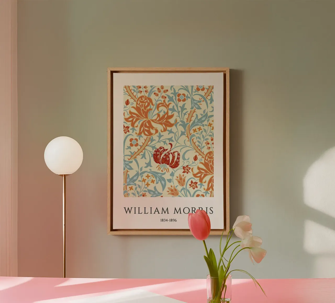 William Morris Arts & Crafts Pompoen Bloemendruk canvas met Baklijst van vintagepod