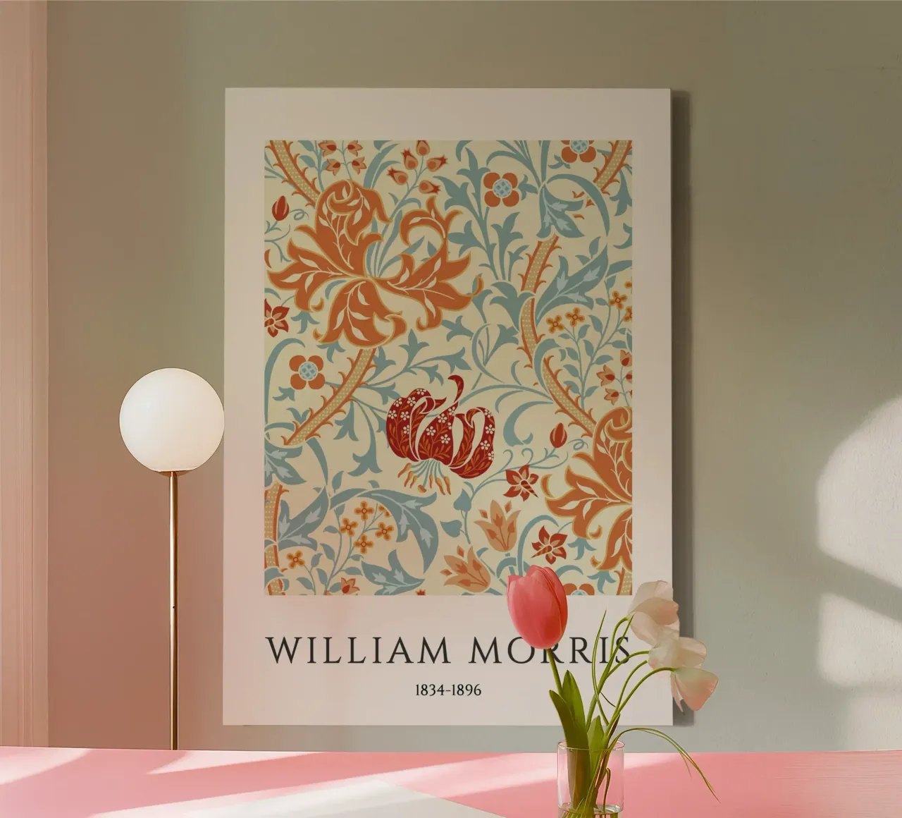 William Morris Arts & Crafts Pompoen Bloemendruk canvas met Baklijst van vintagepod