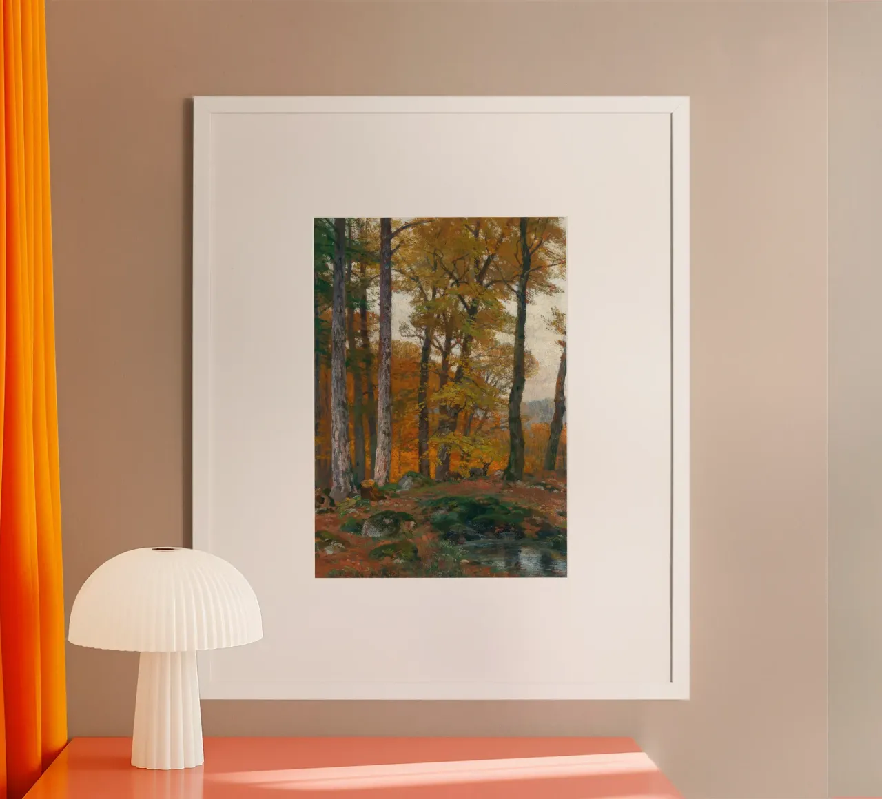 Foresta d'autunno con cervi Paesaggio d'epoca poster con telaio in alluminio da vintagepod
