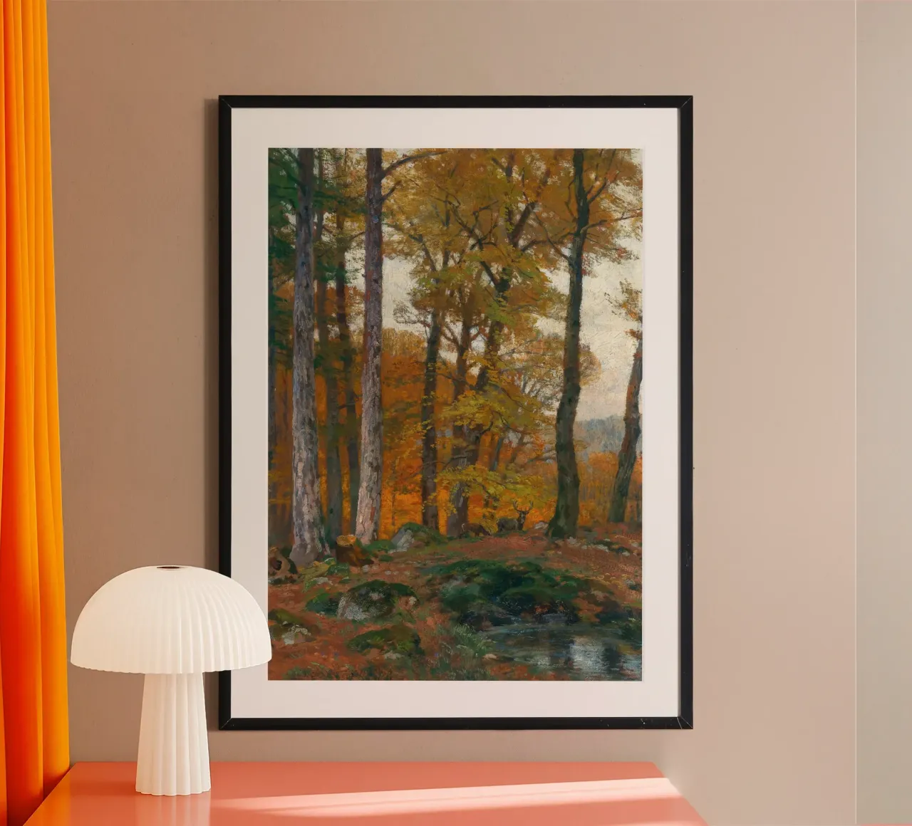 Foresta d'autunno con cervi Paesaggio d'epoca poster con telaio in alluminio da vintagepod