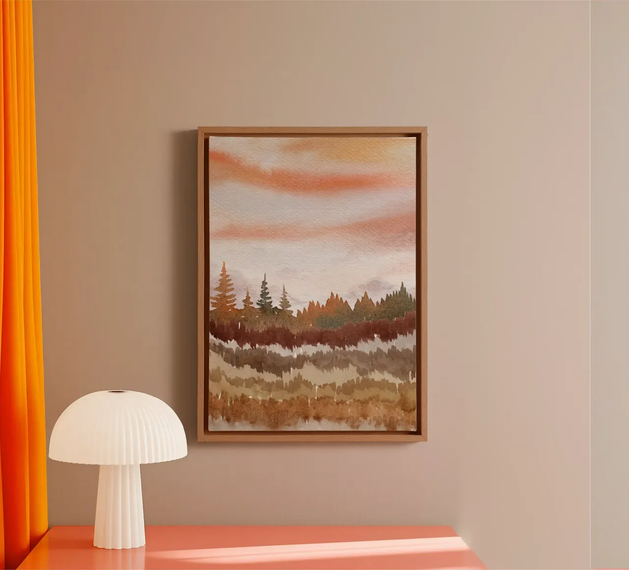Abstract Bos Aquarel - Warme Zonsondergang Landschap Print canvas met Baklijst van vintagepod