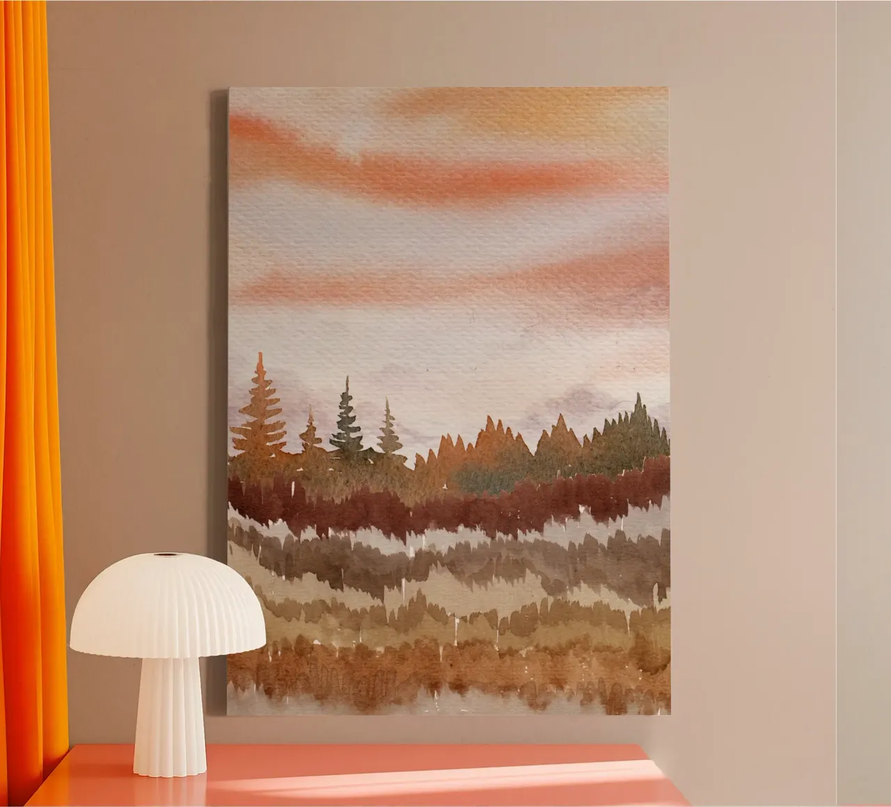 Abstract Bos Aquarel - Warme Zonsondergang Landschap Print canvas met Baklijst van vintagepod