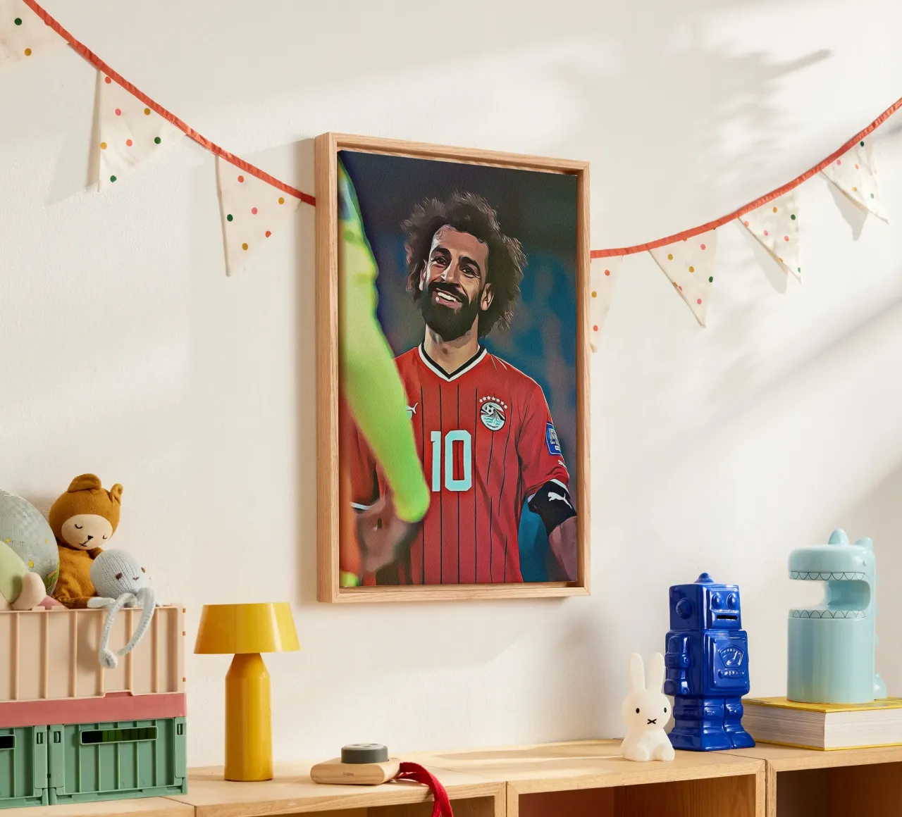 Poster di Mohamed Salah in posa celebrativa del Liverpool in nero tela con Cornice a cassetta da ArdanART