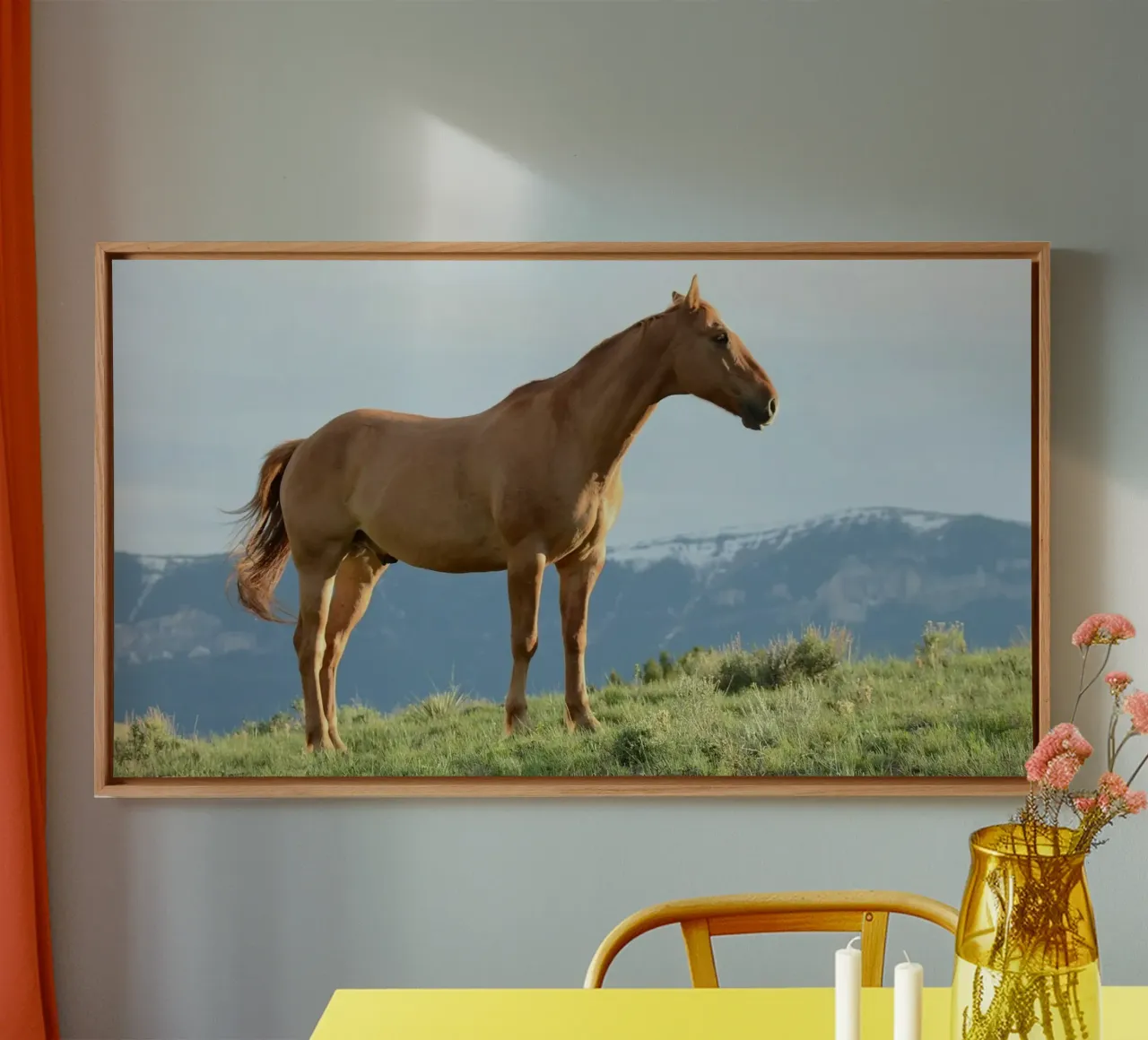 Pferd auf Grasfeld Leinwand mit Schattenfugenrahmen von Ella White