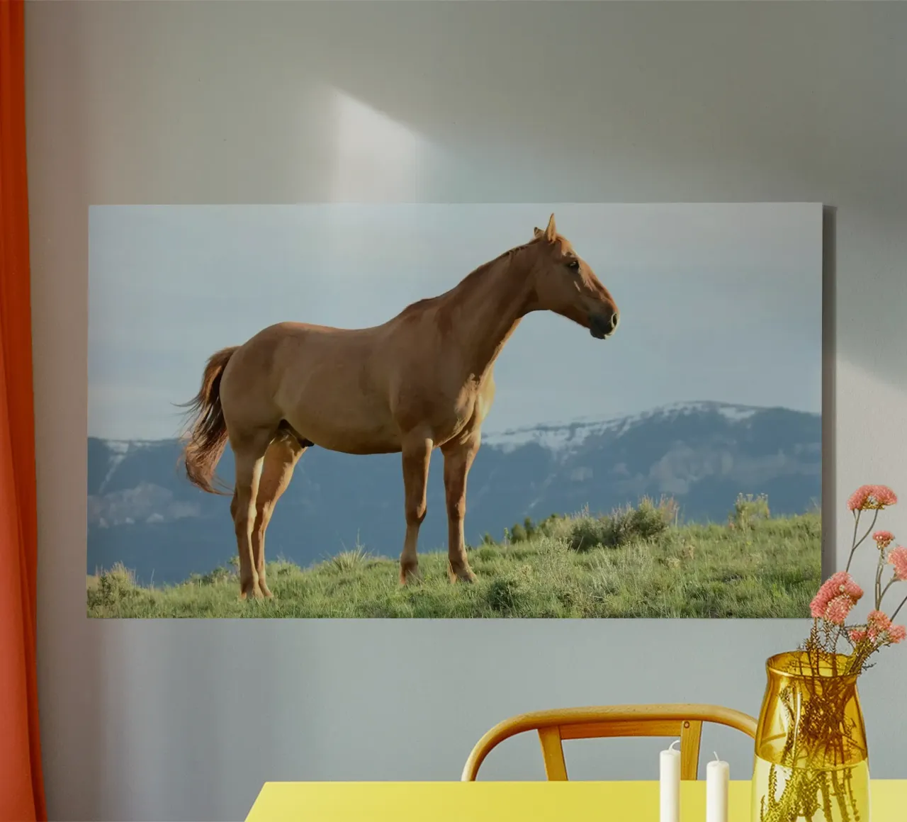 Pferd auf Grasfeld Leinwand mit Schattenfugenrahmen von Ella White