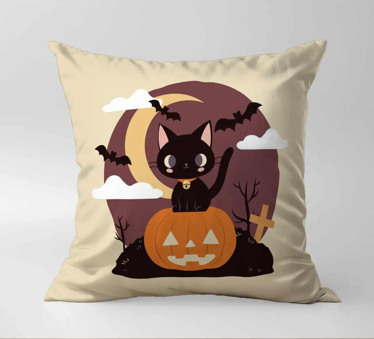Gatto nero spettrale su una zucca cuscino da cafelab