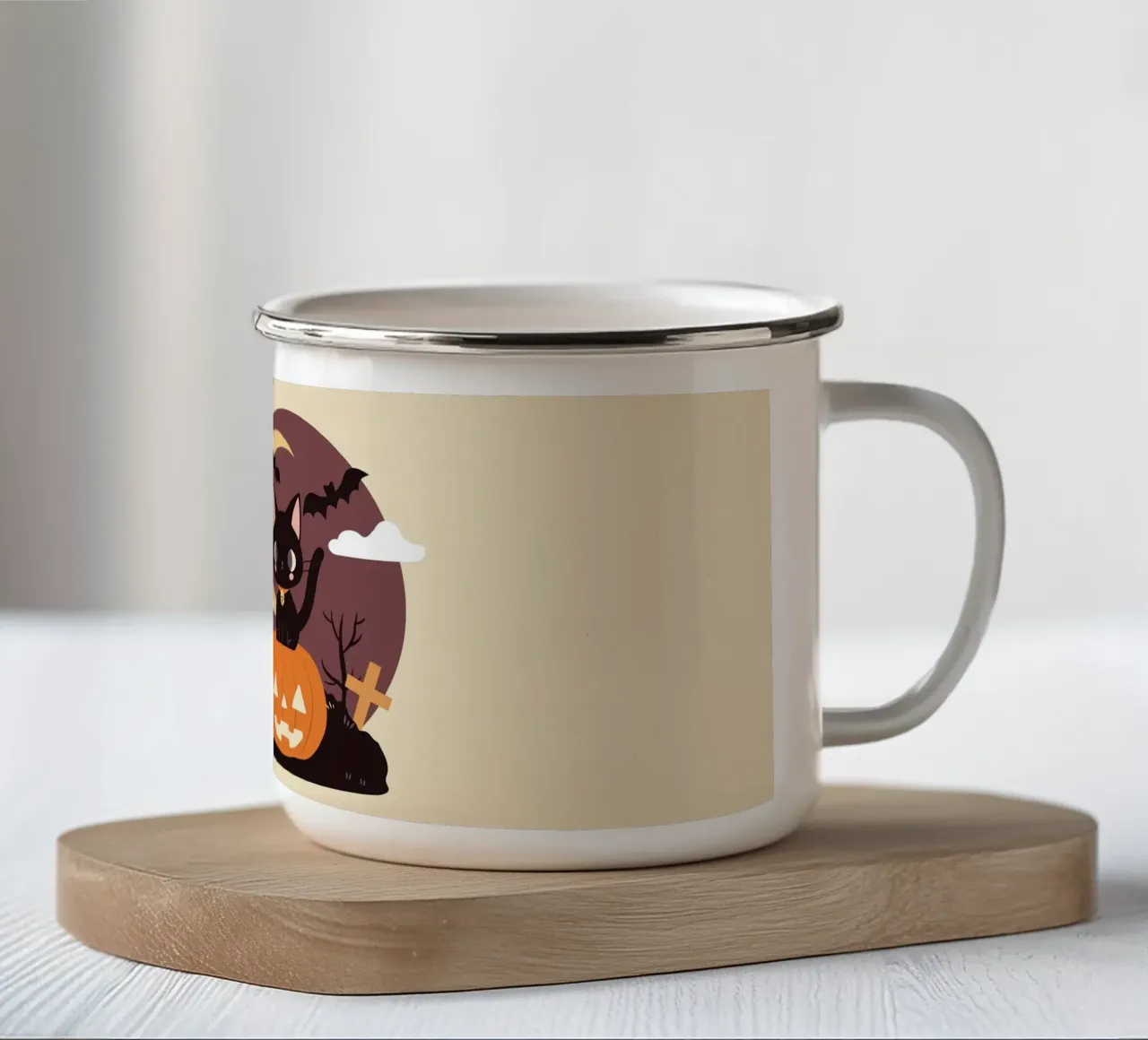Gatto nero spettrale su una zucca tazza in smalto da cafelab