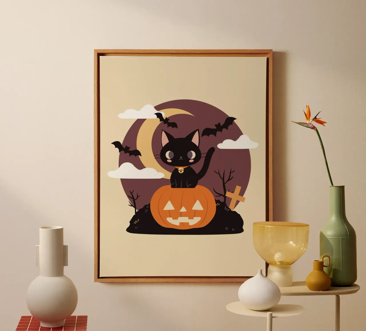 Gatto nero spettrale su una zucca tela con Cornice a cassetta da cafelab