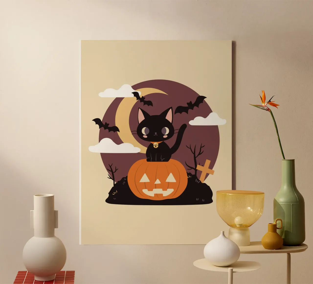 Gatto nero spettrale su una zucca tela con Cornice a cassetta da cafelab