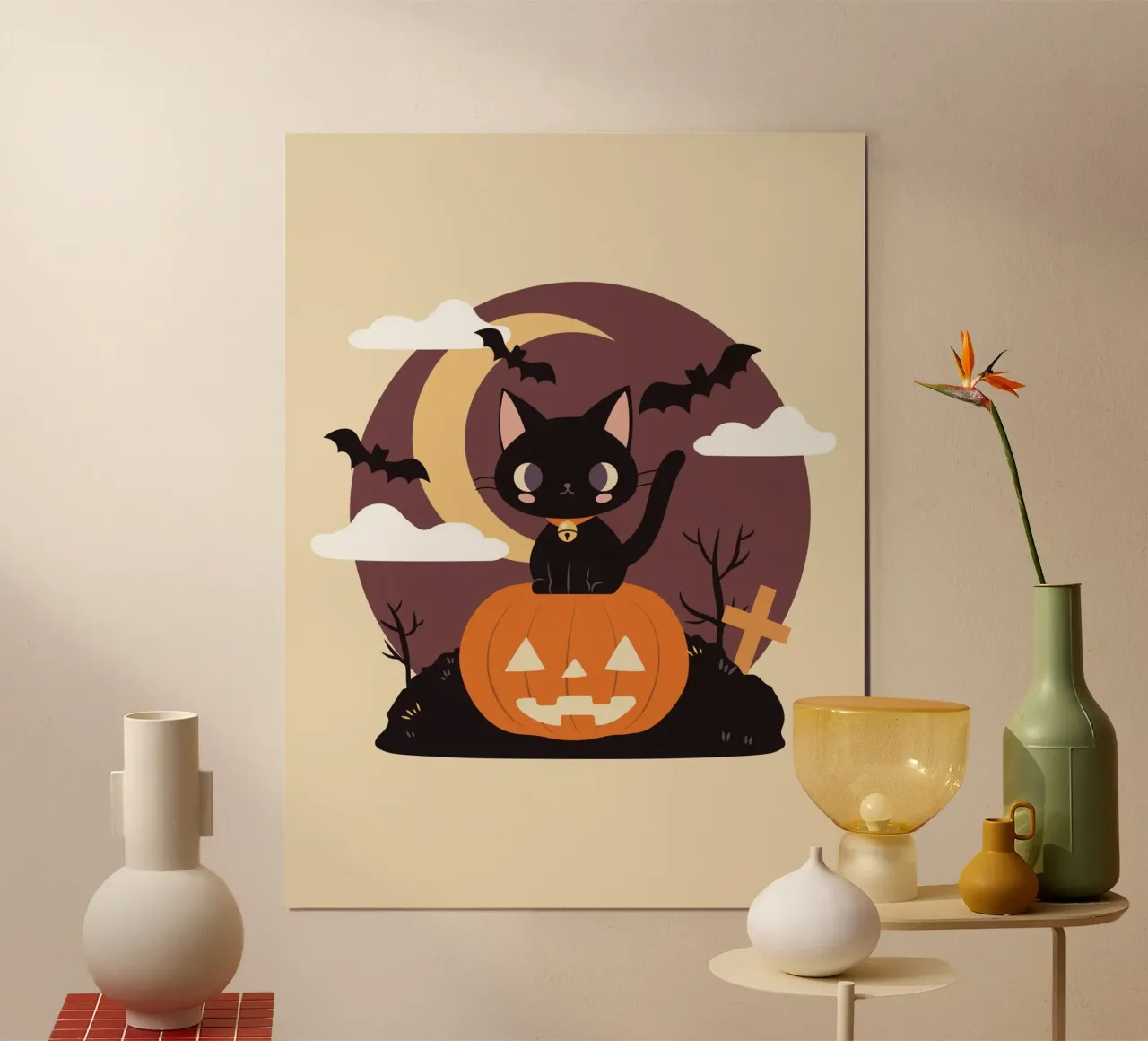 Gatto nero spettrale su una zucca poster con telaio in plastica da cafelab