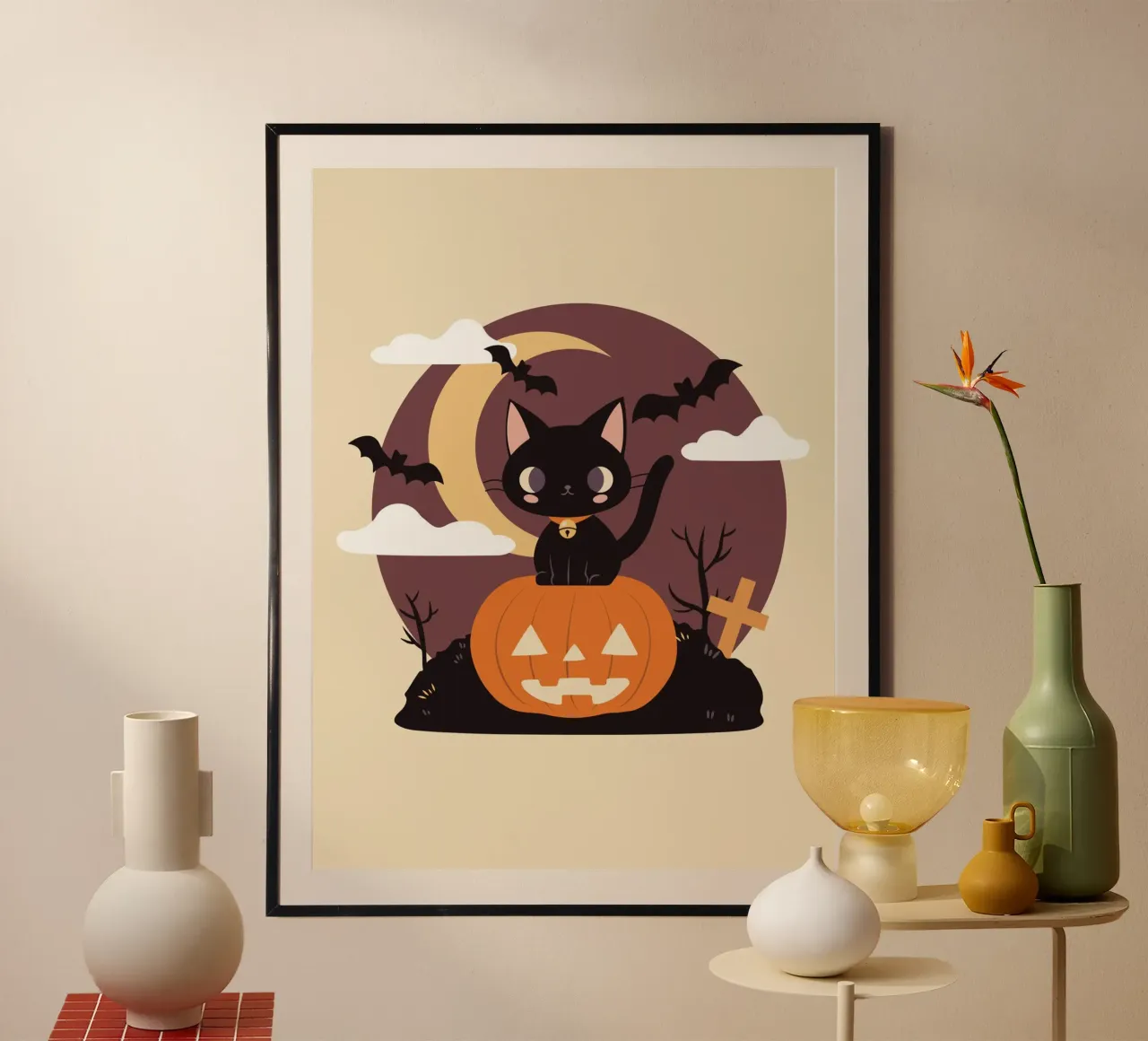 Gatto nero spettrale su una zucca poster con telaio in plastica da cafelab
