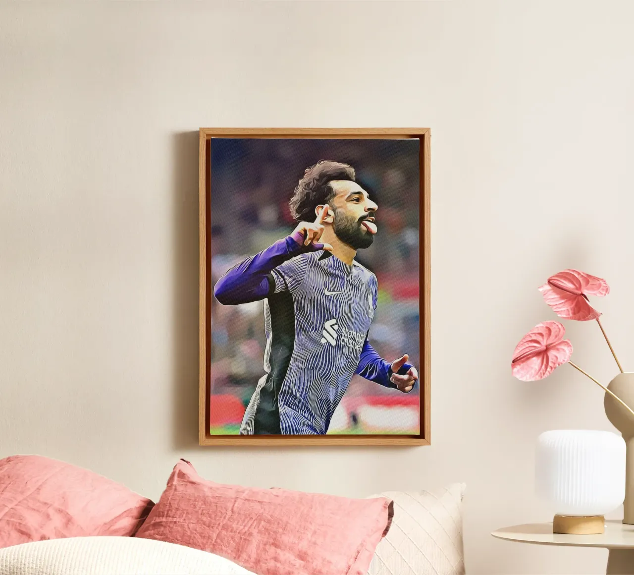 Poster di Mohamed Salah per la celebrazione giocosa del Liverpool tela con Cornice a cassetta da ArdanART