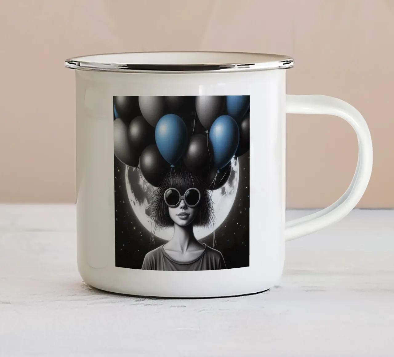 Ragazza con palloncini tazza in smalto da BenCoStyle