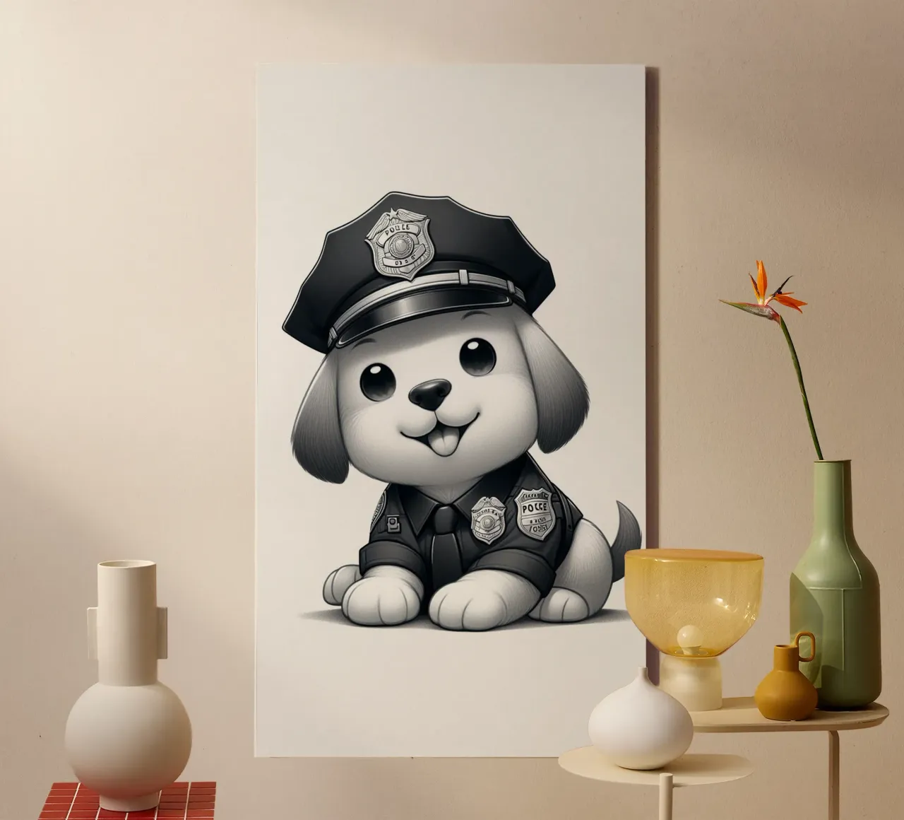 Bonito perro con uniforme de policía lienzo con Marco flotante de BenCoStyle