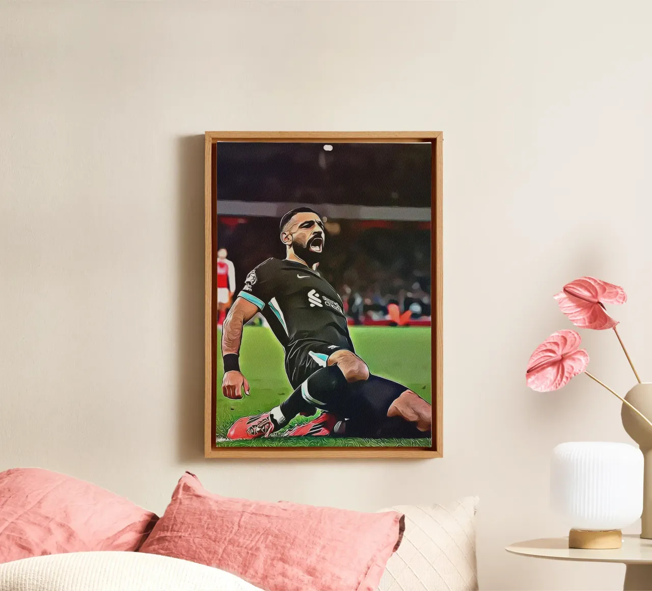 Poster di Mohamed Salah che festeggia il Liverpool con una scivolata al ginocchio tela con Cornice a cassetta da ArdanART