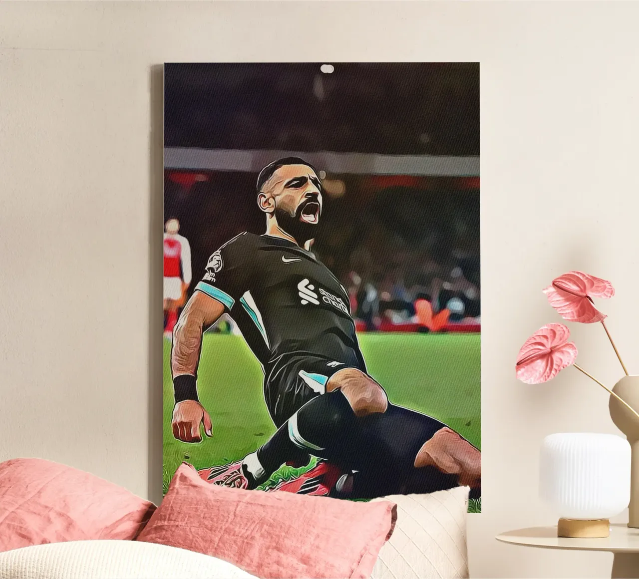 Poster di Mohamed Salah che festeggia il Liverpool con una scivolata al ginocchio tela con Cornice a cassetta da ArdanART