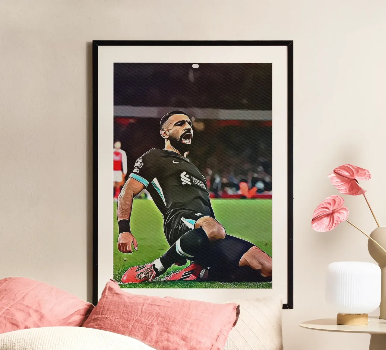 Poster di Mohamed Salah che festeggia il Liverpool con una scivolata al ginocchio poster con telaio in plastica da ArdanART