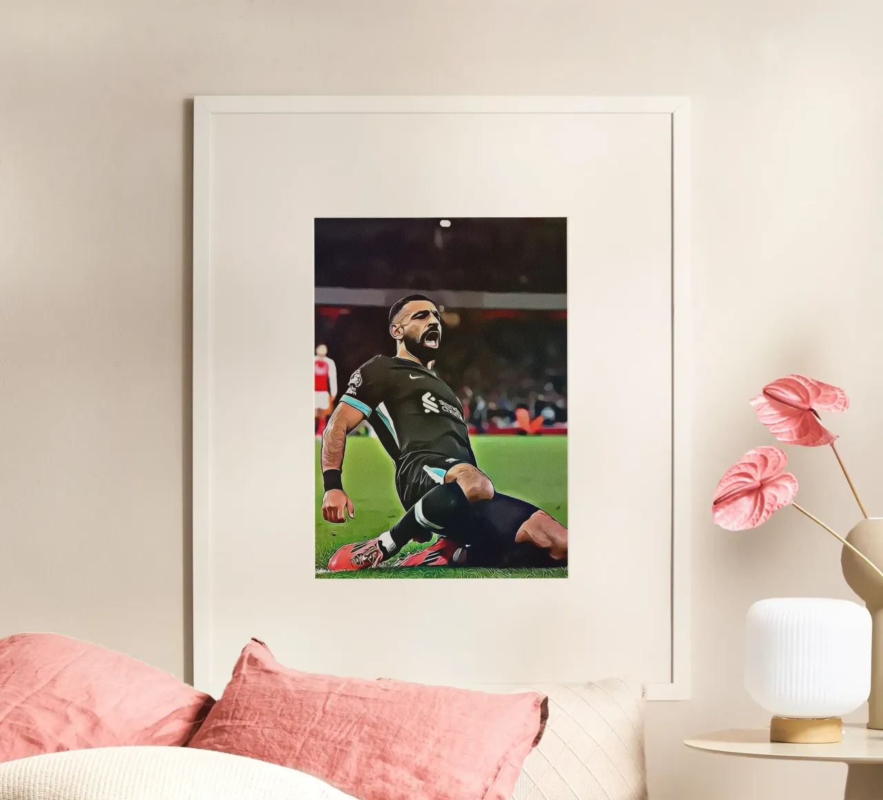 Poster di Mohamed Salah che festeggia il Liverpool con una scivolata al ginocchio poster con telaio in plastica da ArdanART