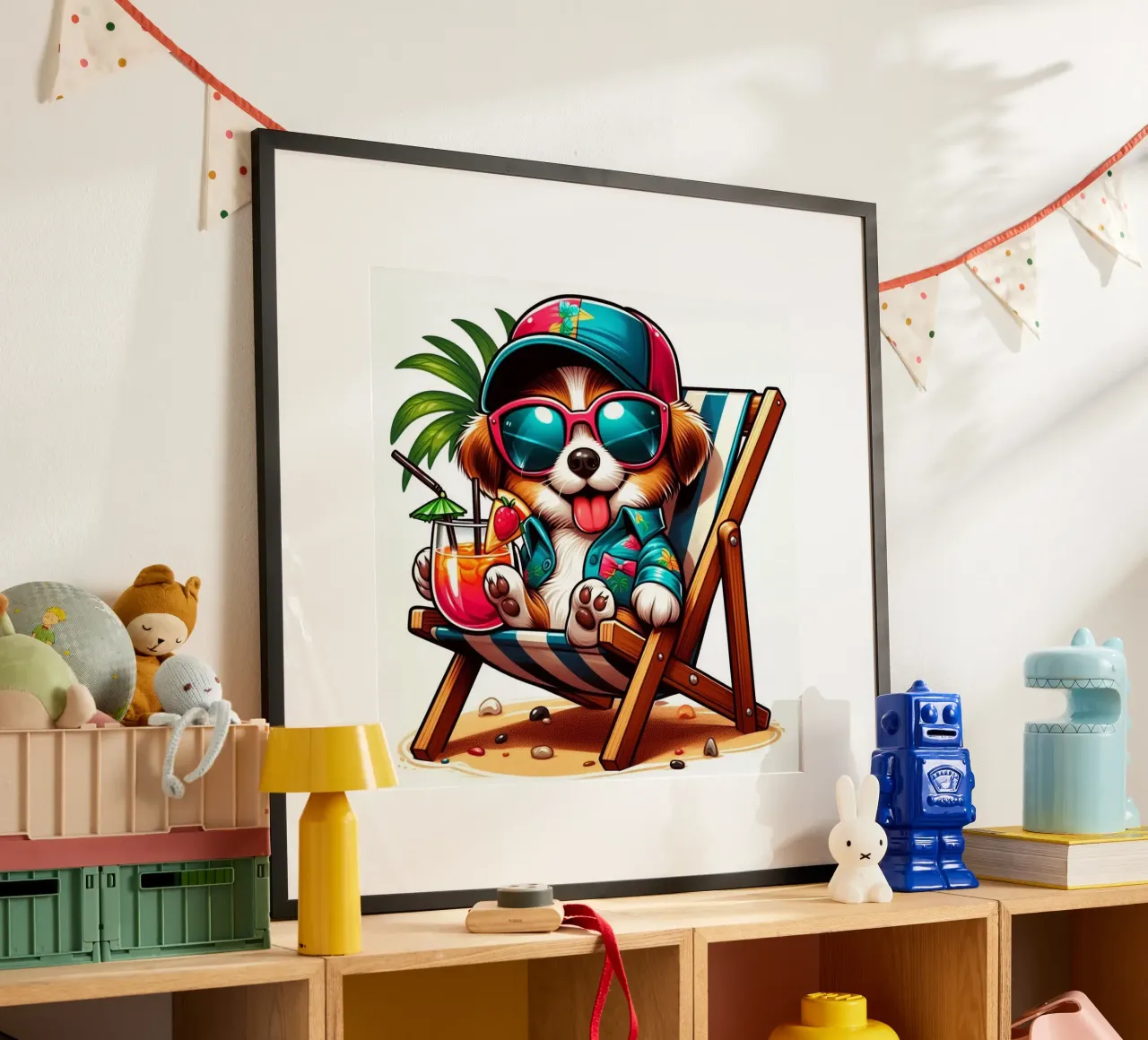 Süßer Hund im Liegestuhl poster con telaio in plastica da BenCoStyle
