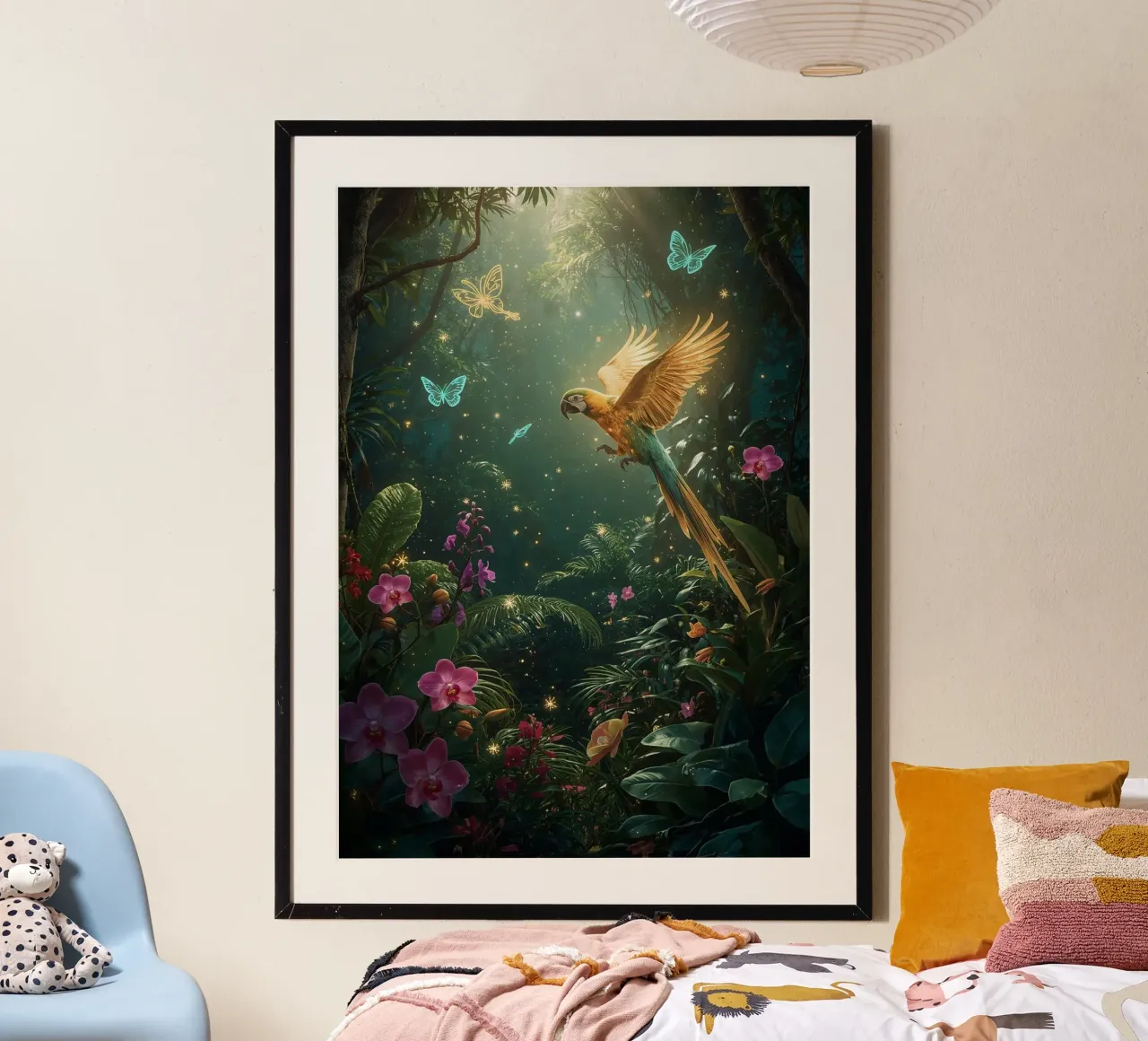 Parrot In Fantasy Jungle poster con telaio in alluminio da nabakumov