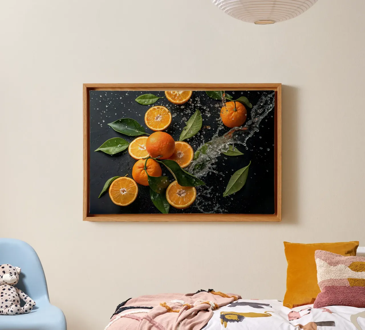 Oranges fraîches avec éclaboussures d'eau toile avec Caisse américaine de 🥩 The tasty wall
