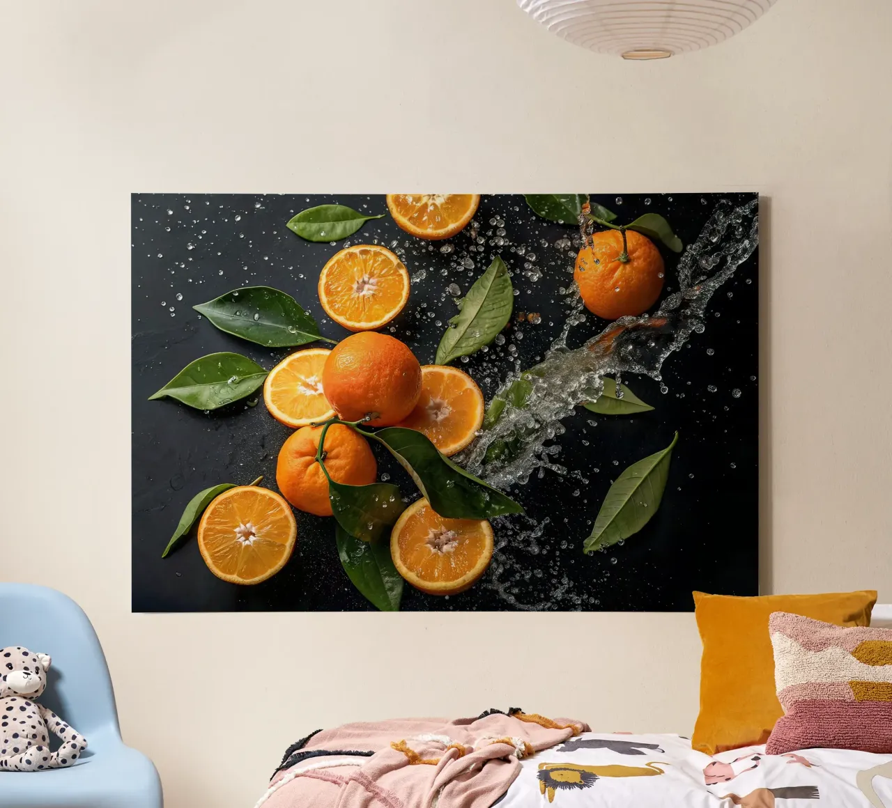 Oranges fraîches avec éclaboussures d'eau toile avec Caisse américaine de 🥩 The tasty wall