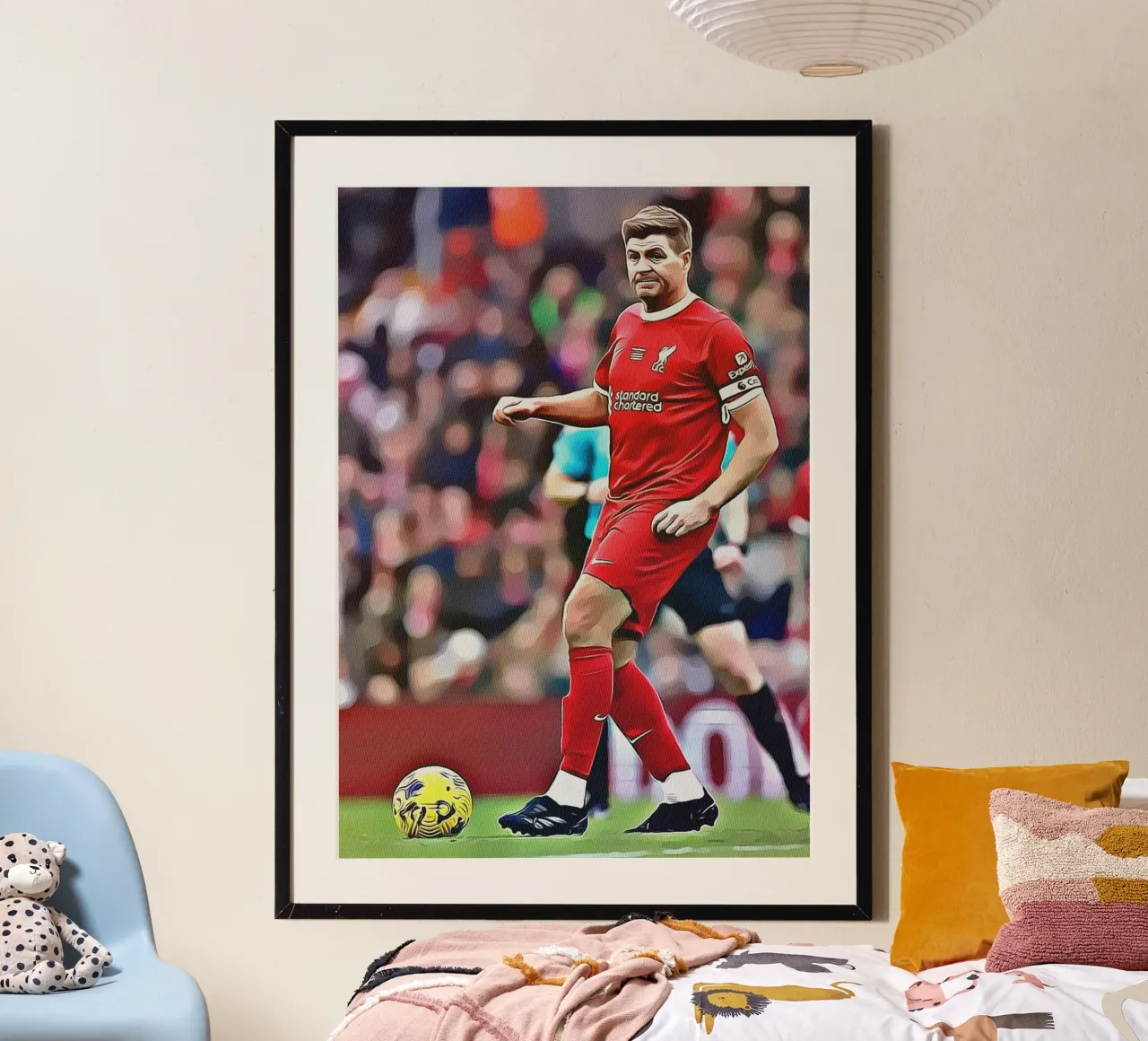 Poster di Steven Gerrard capitano del Liverpool in posa di dribbling poster con telaio in alluminio da ArdanART