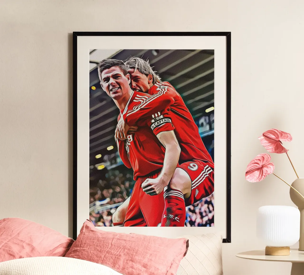 Poster delle celebrazioni iconiche di Steven Gerrard e Fernando Torres poster con telaio in alluminio da ArdanART