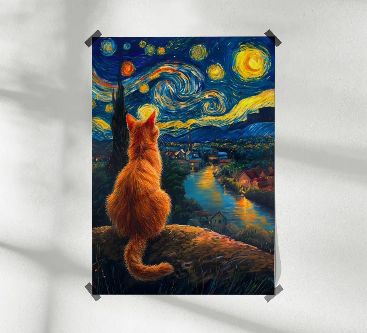 Gatto di Firenze Notte stellata poster con telaio in alluminio da Fleur de Lys