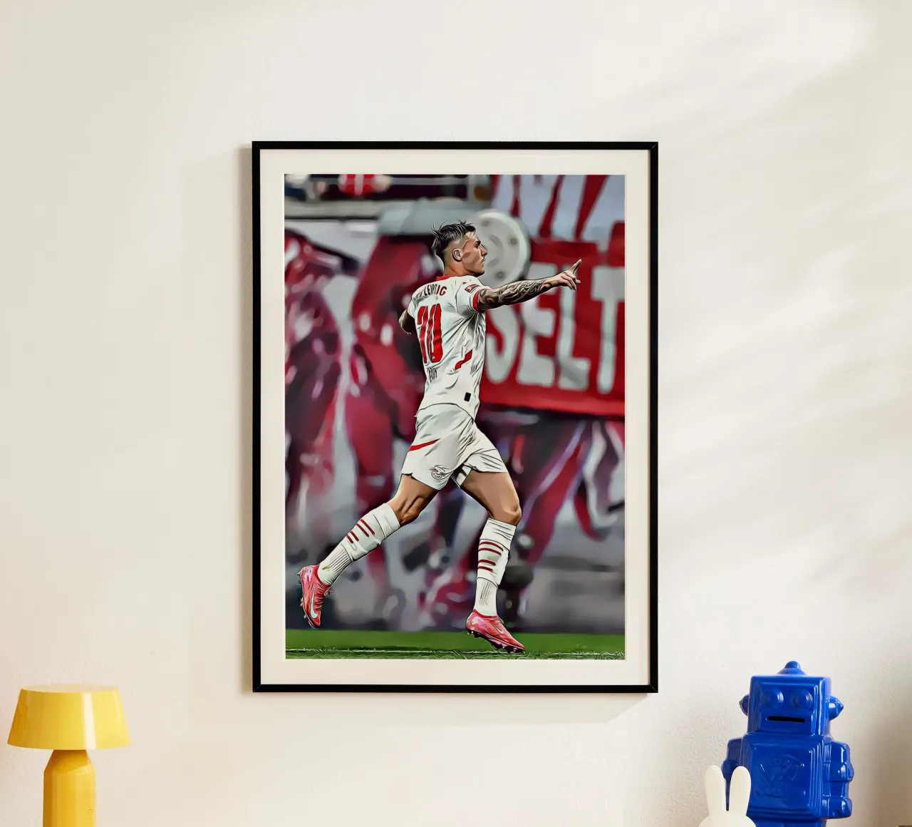 Benjamin Sesko - Poster d'azione per la celebrazione dell'RB Leipzig poster con telaio in plastica da ArdanART