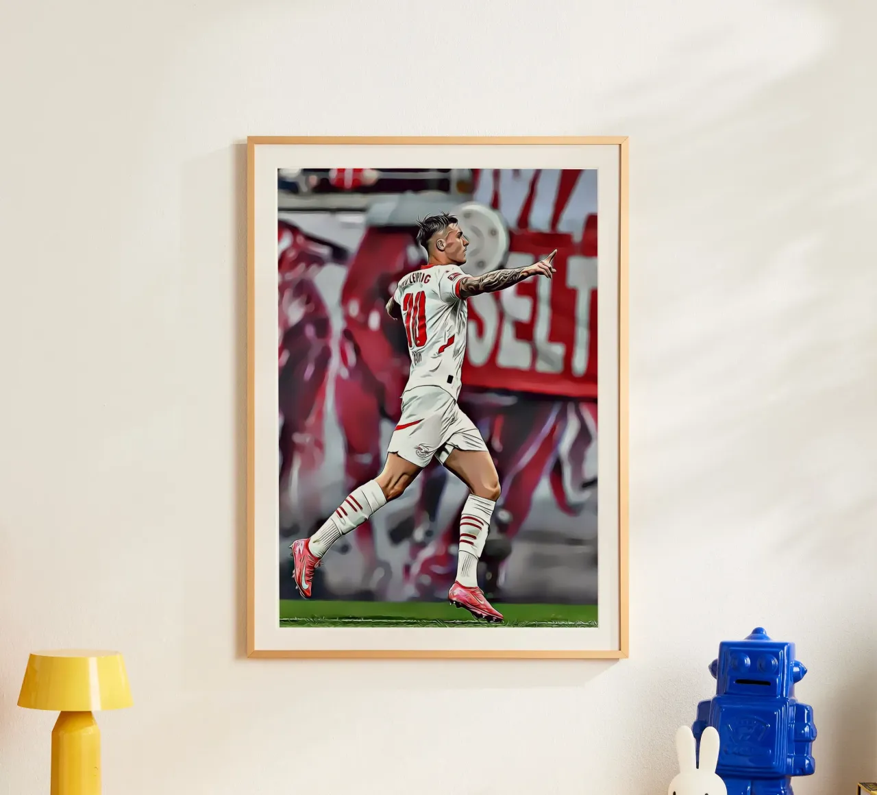 Benjamin Sesko - Poster d'azione per la celebrazione dell'RB Leipzig poster con telaio in plastica da ArdanART