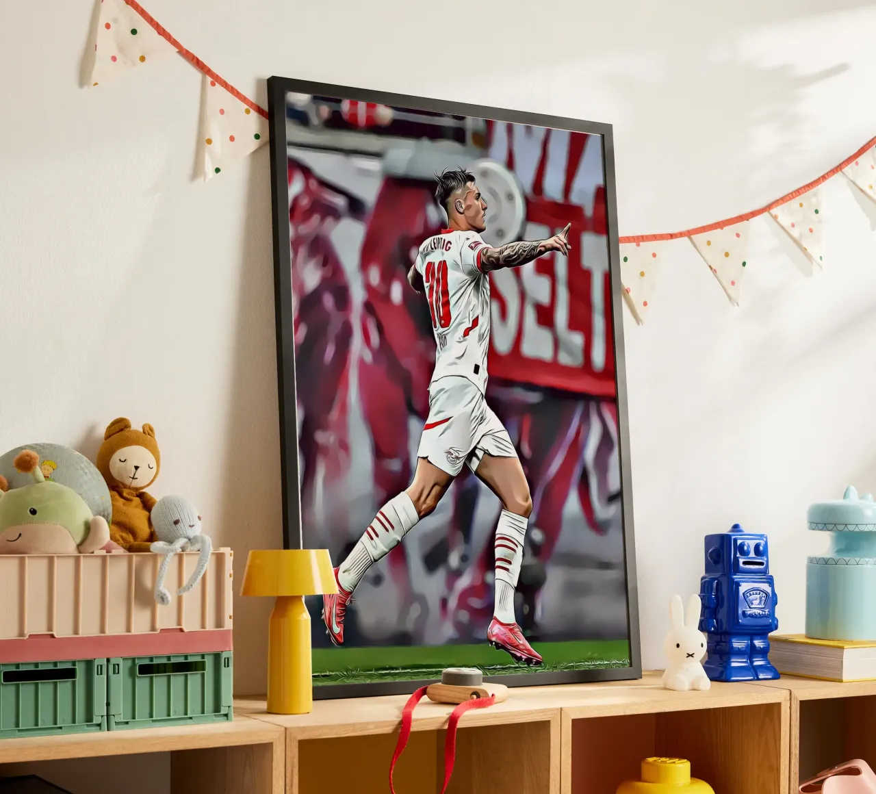 Benjamin Sesko - Poster d'azione per la celebrazione dell'RB Leipzig poster con telaio in plastica da ArdanART