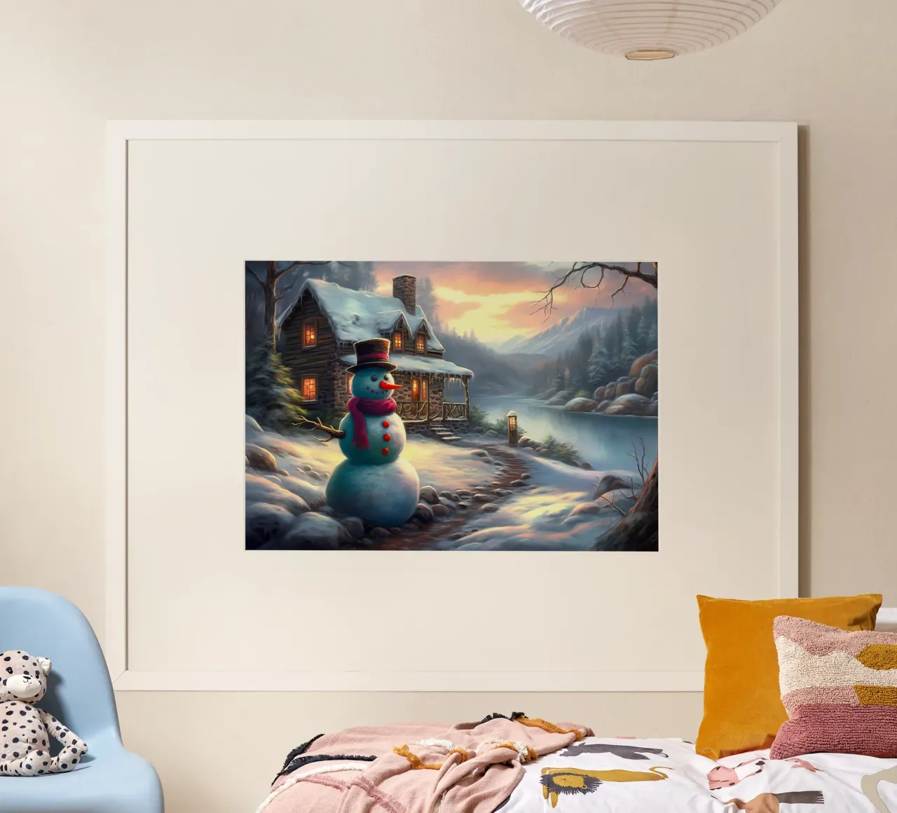 Pupazzo di neve di Natale poster con telaio in legno da Fleur de Lys