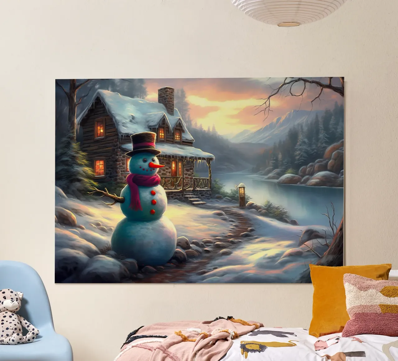 Pupazzo di neve di Natale poster con telaio in legno da Fleur de Lys