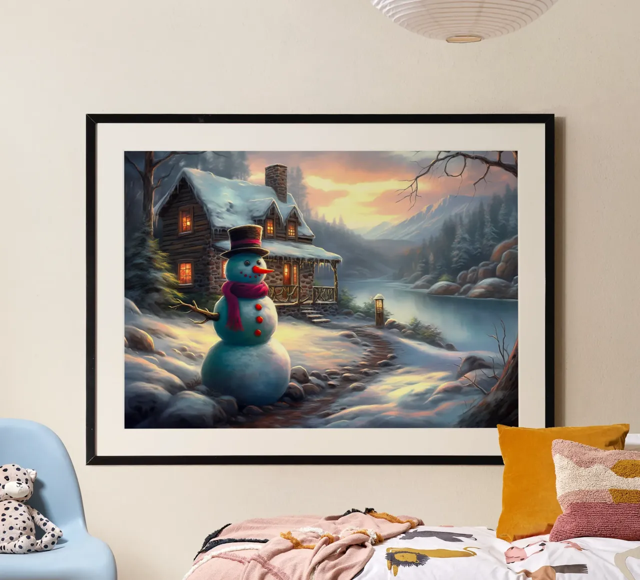 Pupazzo di neve di Natale poster con telaio in legno da Fleur de Lys