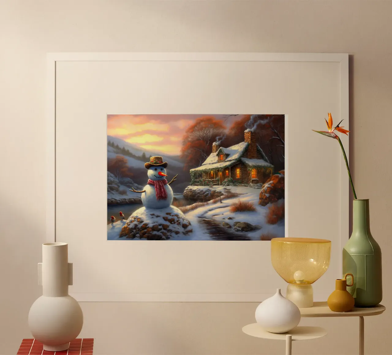 Pupazzo di neve di Natale poster con telaio in legno da Fleur de Lys