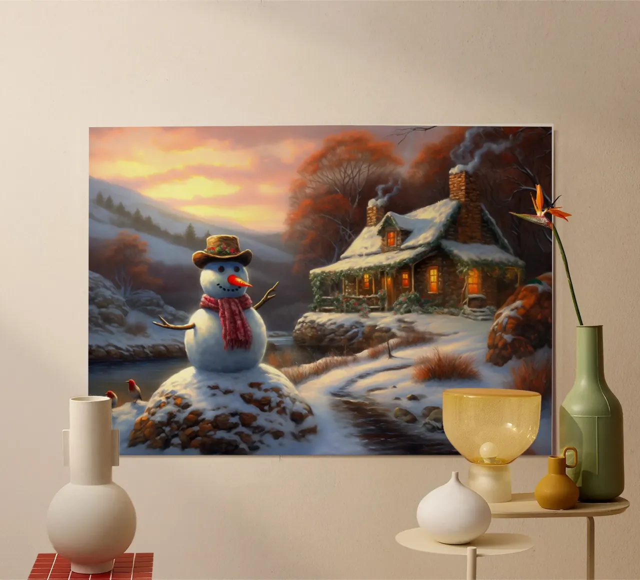 Pupazzo di neve di Natale poster con telaio in legno da Fleur de Lys