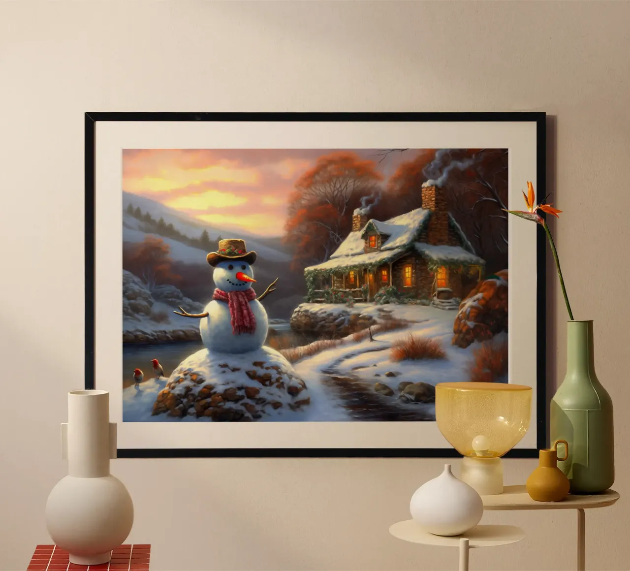 Pupazzo di neve di Natale poster con telaio in legno da Fleur de Lys